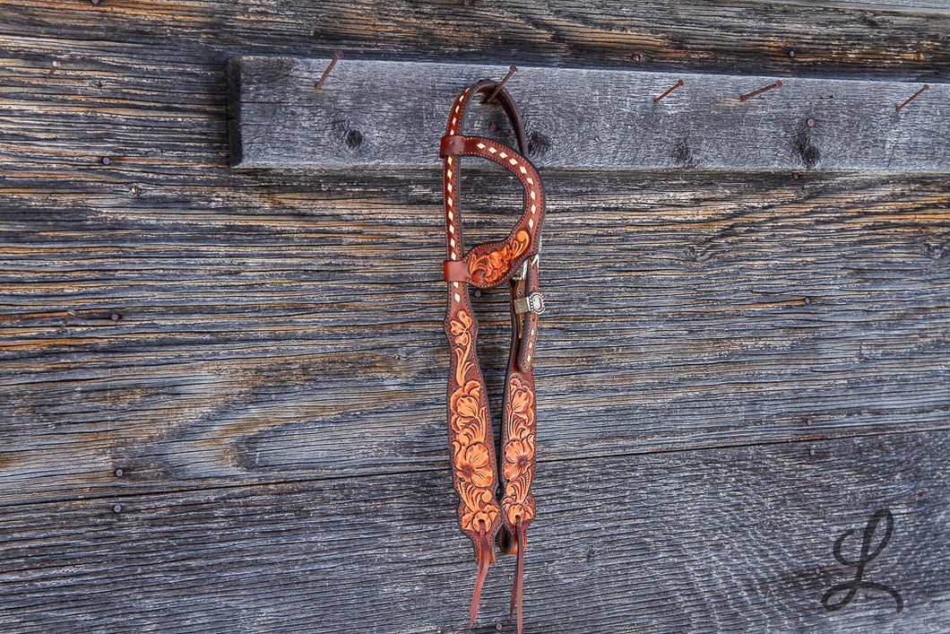 Floral Carved Headstall with Cream Buckstitch - SHORT cheek