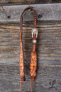 Floral Carved Headstall with Cream Buckstitch - SHORT cheek