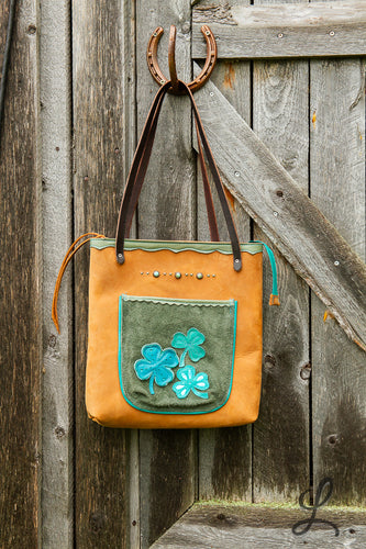 Tan Tote Bag with Turquoise and Sage Green
