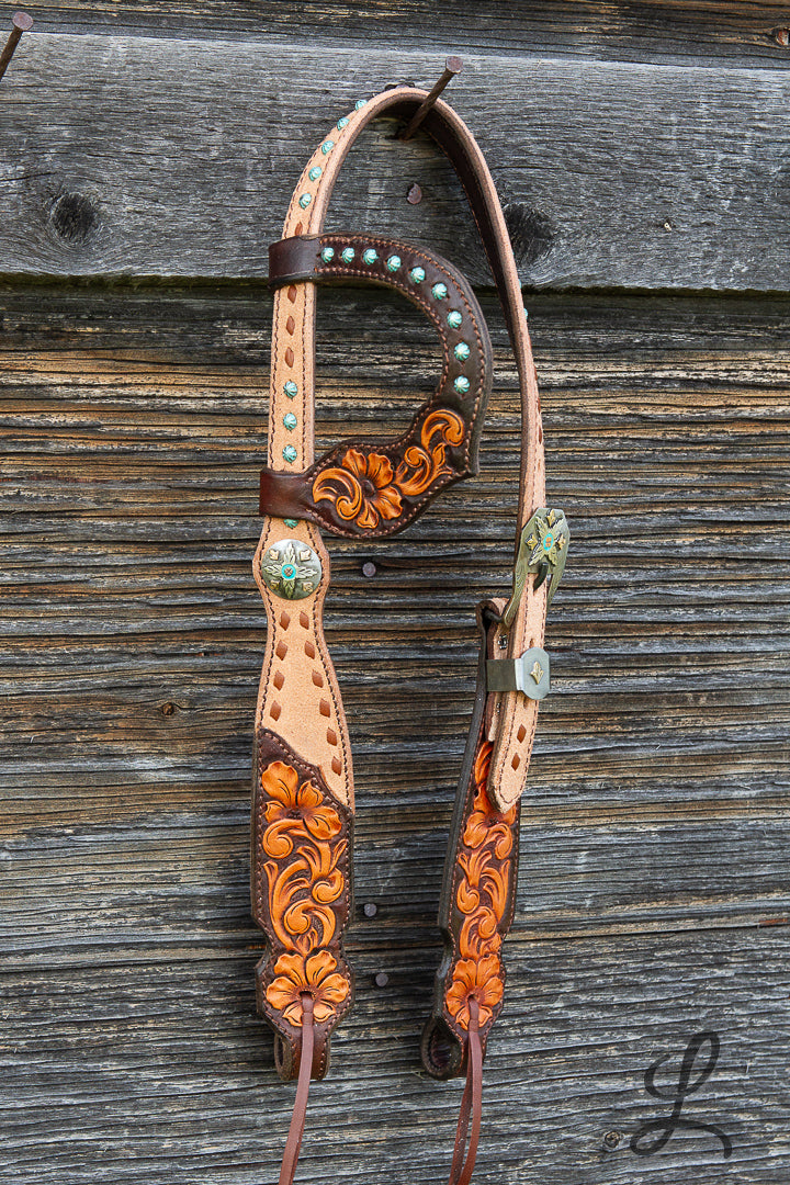 Half Roughout Floral Carved Headstall - Short Cheek