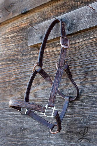 Dark Brown Leather Halter with Brown and Cream Stitching