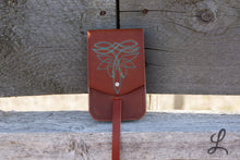 Load image into Gallery viewer, Brown Phone Pocket with Turquoise and Lime Green Stitching