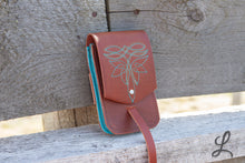 Load image into Gallery viewer, Brown Phone Pocket with Turquoise and Lime Green Stitching