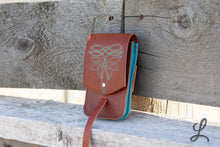 Load image into Gallery viewer, Brown Phone Pocket with Turquoise and Lime Green Stitching